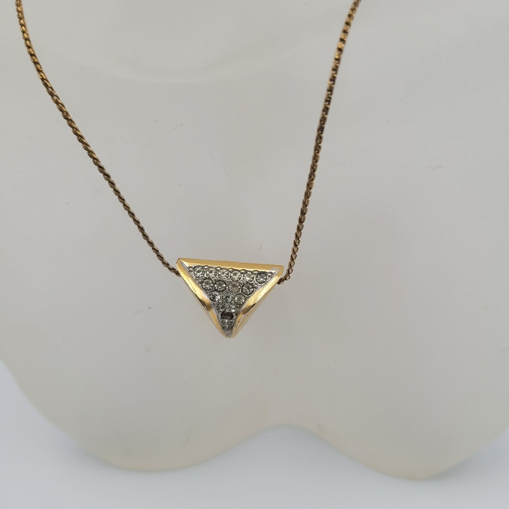 Vintage 1979 Givenchy Paris New York Gold Tone Rhinestone Triangle Necklace 16"